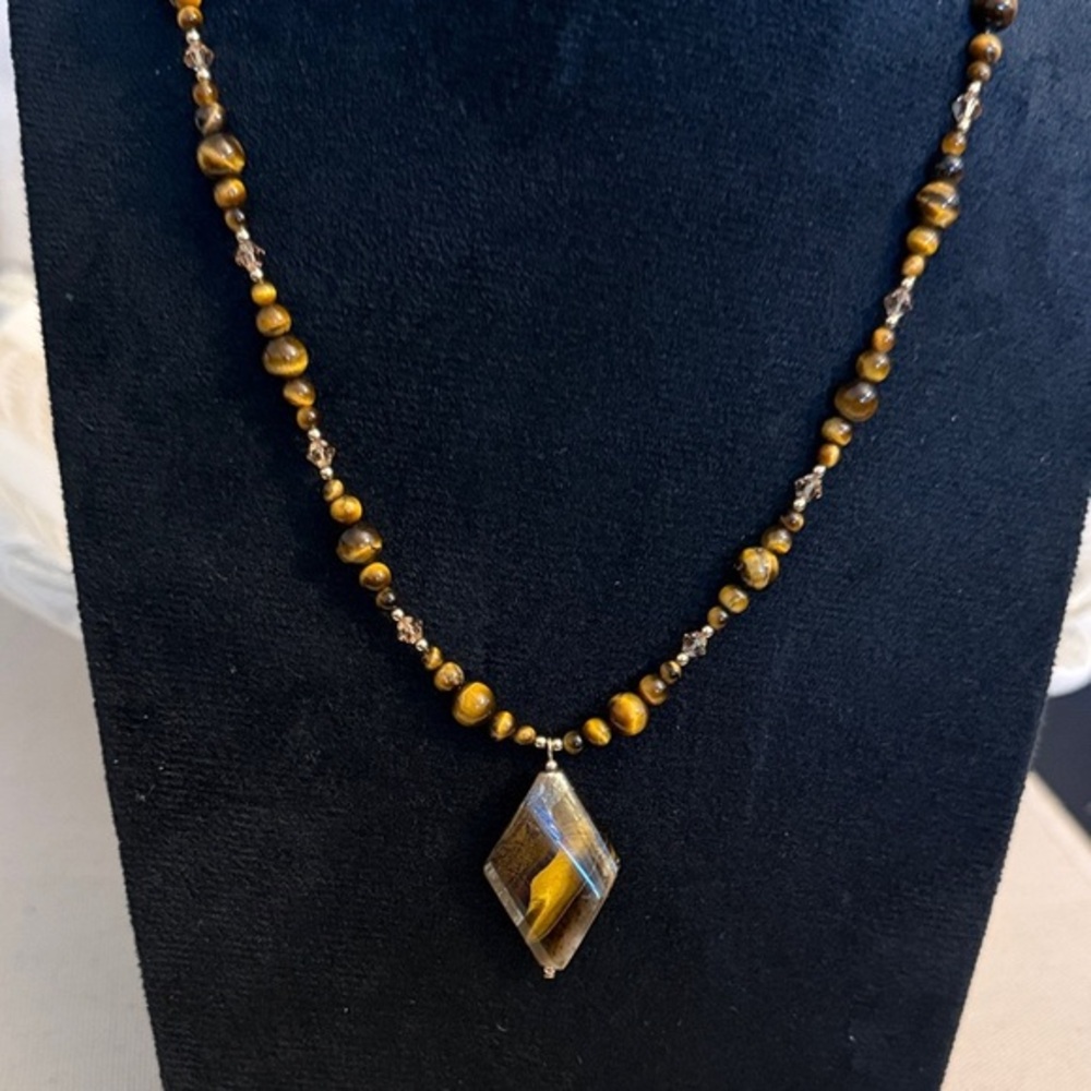 Chic Brown Beaded Necklace with Geometric Pendant | 18” | New